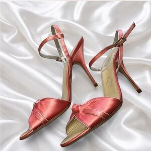 Vintage satin Strappy heel sandals made in Italy leather sole Coral Satin Heels